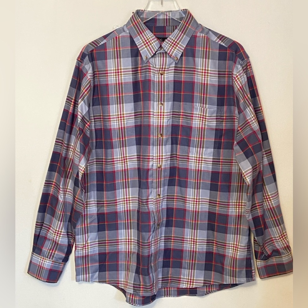 Jos A Bank Travelers Collection Shirt Large Blue Red Plaid Button Down Cotton